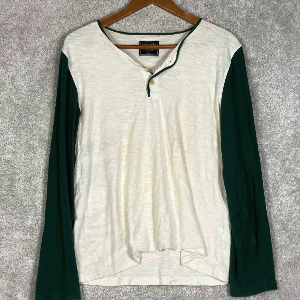 Abercrombie & Fitch Henley Shirt Mens Small White Green Long Sleeve Slub Cotton